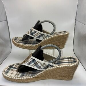 Montego Bay Club Plaid Espadrille Wedge Sandals Blue Tan White Womens 13